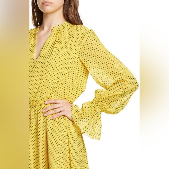 Joie Silk Dress Women's Size XS Yellow Dotted Poet Sleeves Blouson Bodice - Picture 7 of 13